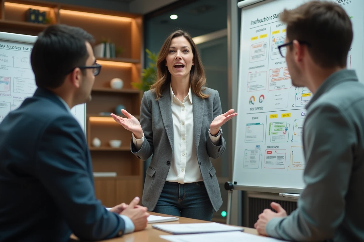 Femme en discussion avec collègues dans une salle de réunion