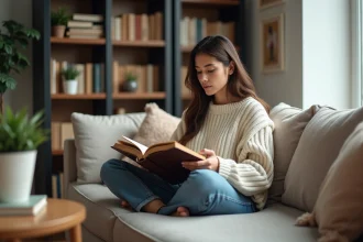 Femme lisant un livre dans un salon moderne et cosy