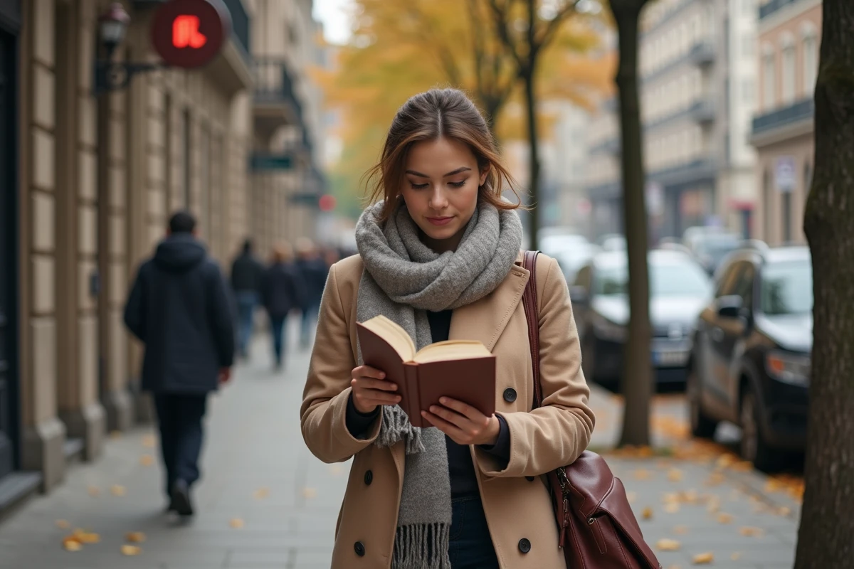 Jeune femme marchant dans la ville en lisant un roman fantasy