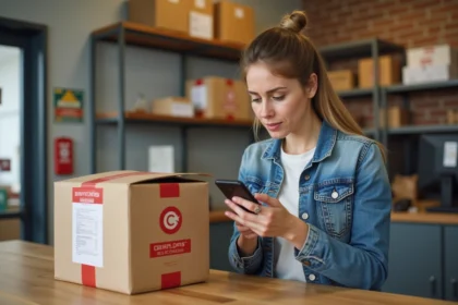 Femme avec smartphone vérifiant un colis Chronopost en point relais
