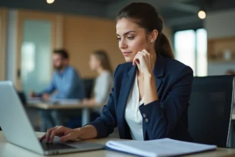 Femme en blazer navy travaillant sur son ordinateur en bureau