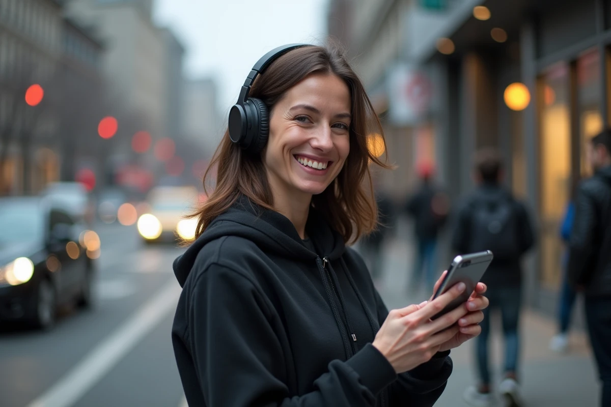 Femme souriante avec smartphone dans une rue urbaine