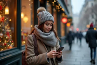 Jeune femme regardant son smartphone devant des vitrines de Noël
