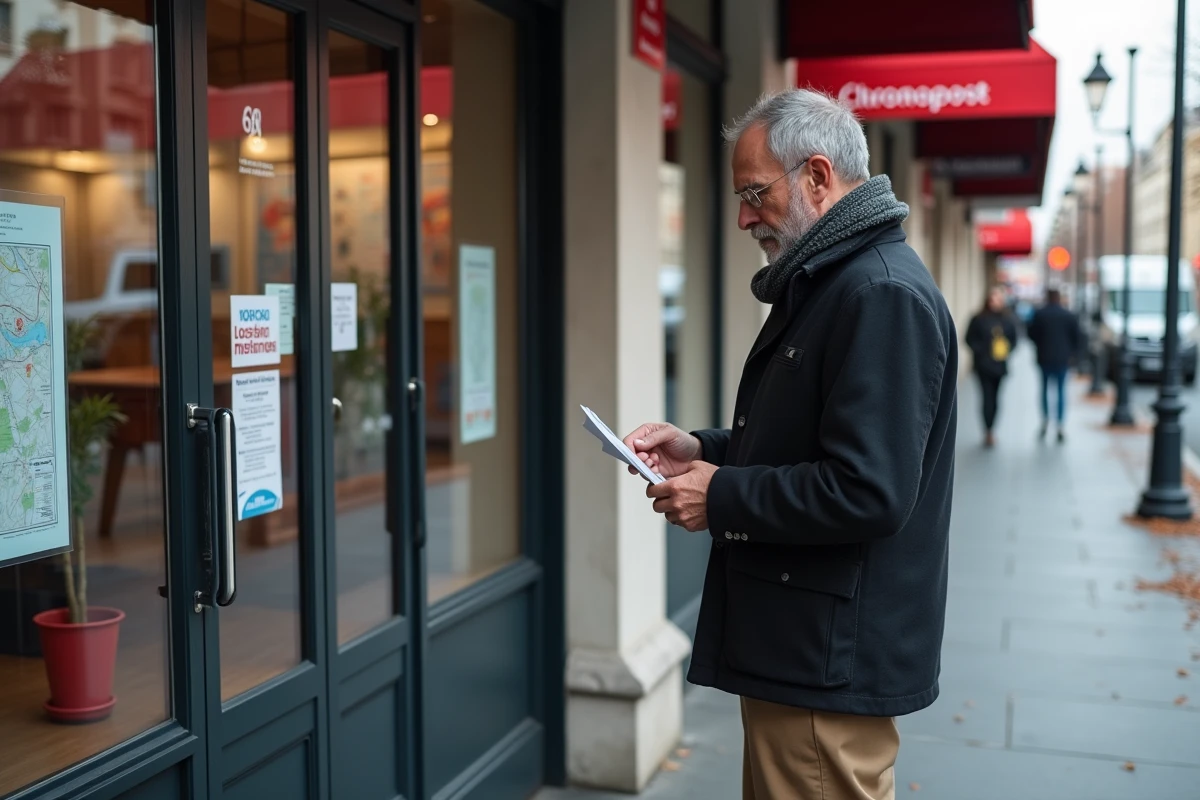 Homme regardant une feuille devant une boutique Chronopost extérieure
