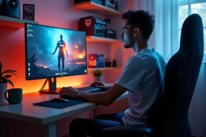 Jeune homme jouant à un jeu vidéo sur son ordinateur dans sa chambre