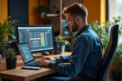 Jeune homme examine un ordinateur dans un studio audio