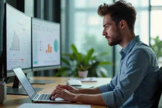 Jeune homme au bureau moderne travaillant sur un ordinateur
