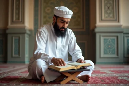 Musulman lisant le Coran sur un tapis de prière