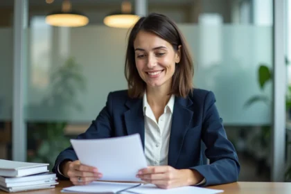 Femme d'affaires en revue de documents d'assurance