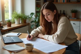 Jeune femme concentrée à faire un puzzle dans une cuisine lumineuse