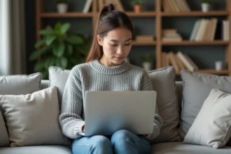 Femme assise sur un canapé avec un ordinateur portable