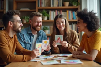 Groupe de quatre adultes discutant avec des cartes colorées