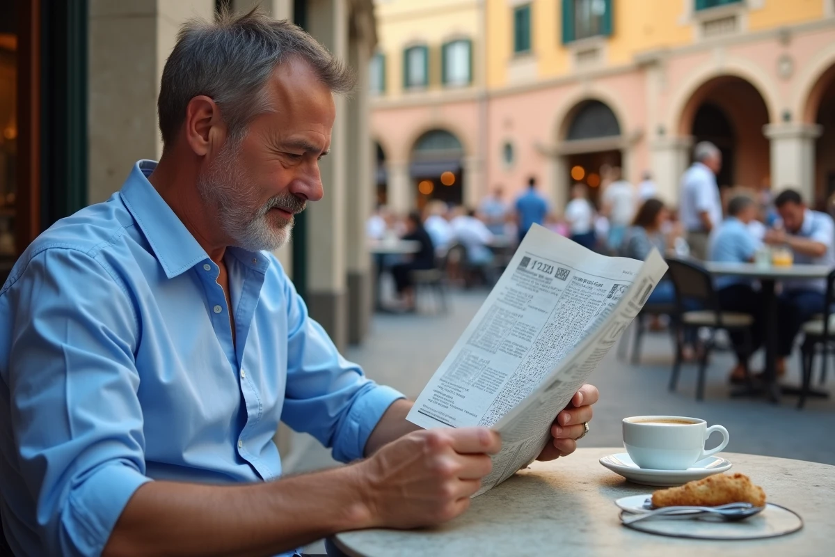 Homme lisant un puzzle dans un café italien en plein air
