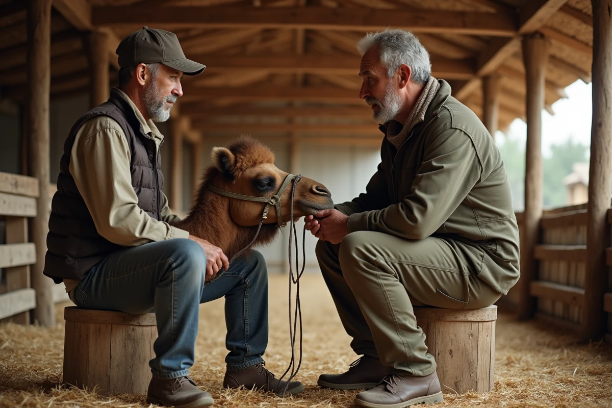 Homme expliquant la bride d’un camel à un jeune garçon dans une étable