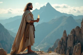 Homme grec ancien debout sur une montagne avec torche en main