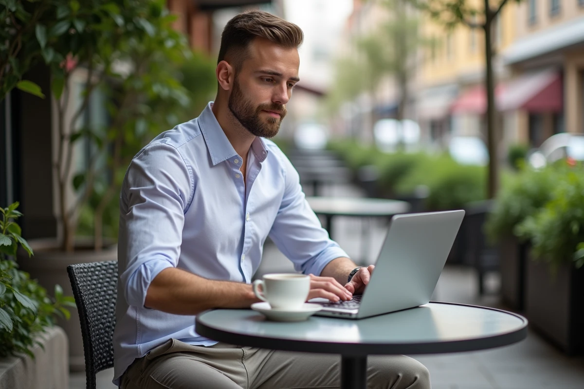 Jeune entrepreneur au café consulte son ordinateur