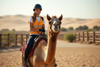 Jeune femme souriante montant un dromedaire dans un paddock désertique