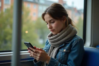 Jeune femme en tram avec smartphone et paysage urbain