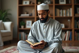 Musulman lisant le Quran dans un salon calme