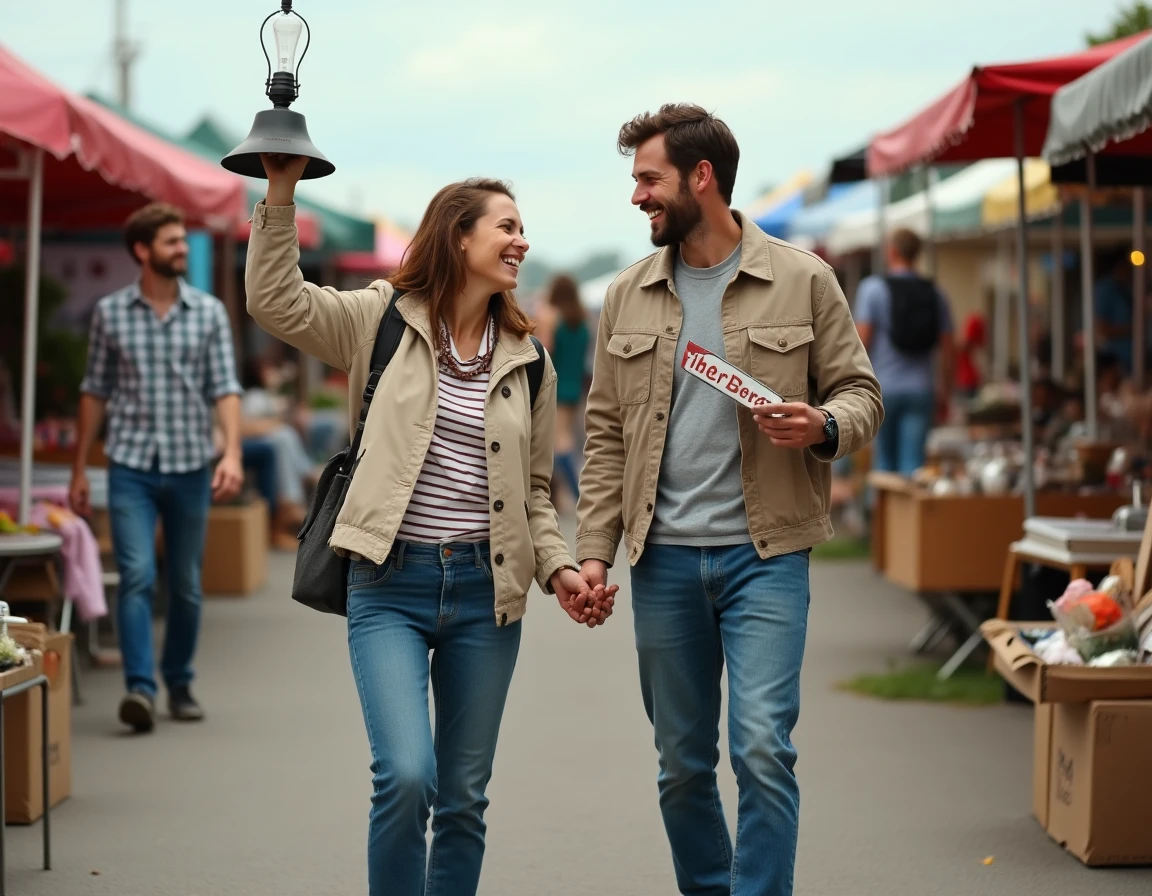 Deux amis souriants découvrant des objets vintage dans un vide grenier animé en Anjou