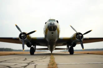 Boeing B-17F Flying Fortress garé sur un aérodrome de la Seconde Guerre mondiale, vue trois quarts avant mettant en valeur les moteurs radiaux et le nez vitré