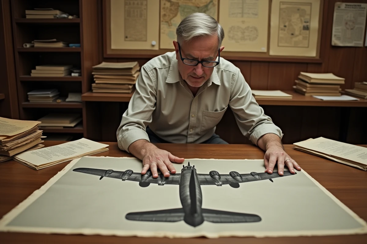 Archiviste examinant des photographies et documents historiques sur le Boeing B-17F dans une salle d'archives muséale, entouré de manuels techniques et journaux de mission USAAF
