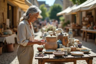 Femme inspectant une pièce de faïence ancienne sur un stand de brocante en plein air en Aveyron, entourée d'objets vintage et de curiosités