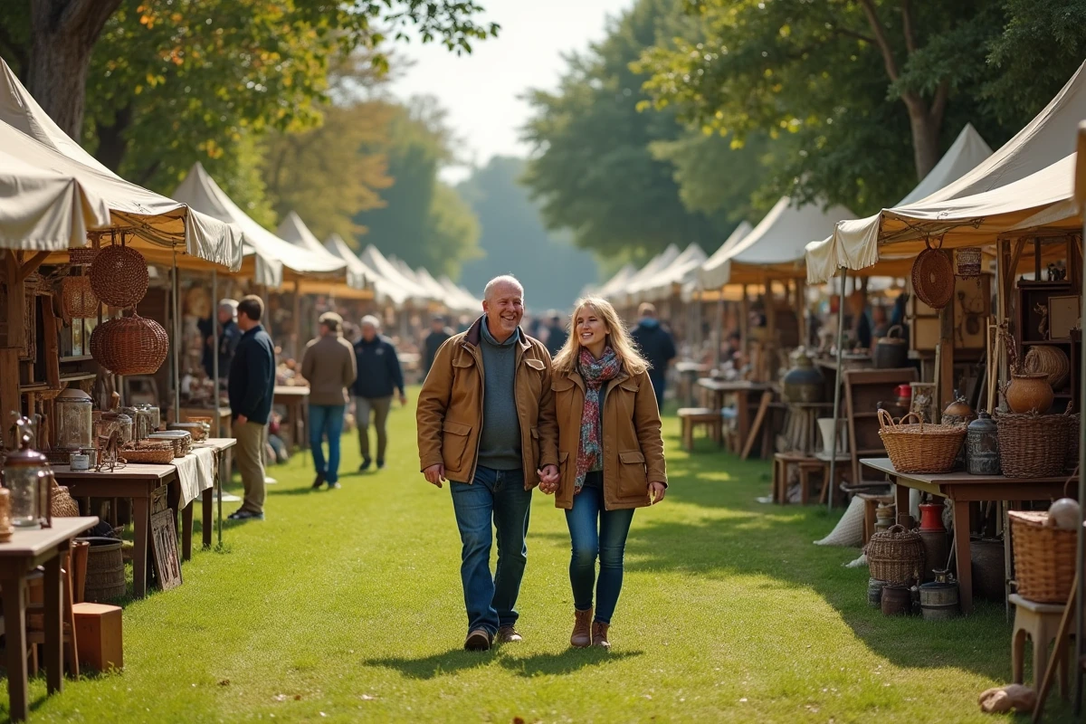 Couple se promenant entre les stands d'une brocante en plein champ en Aveyron lors d'un week-end à la campagne