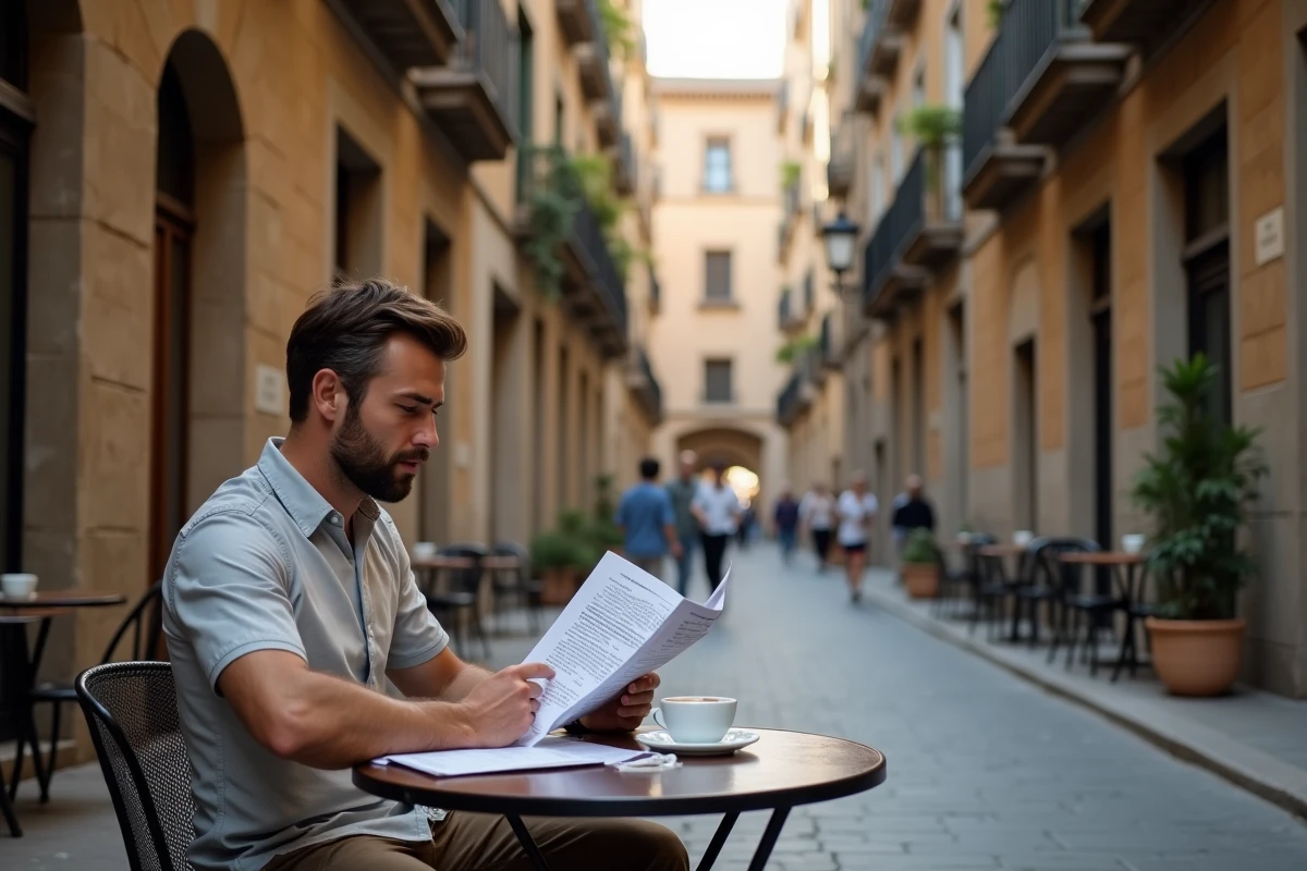 Touriste masculin consultant des offres d'hébergement en terrasse de café dans le Quartier Gothique de Barcelone