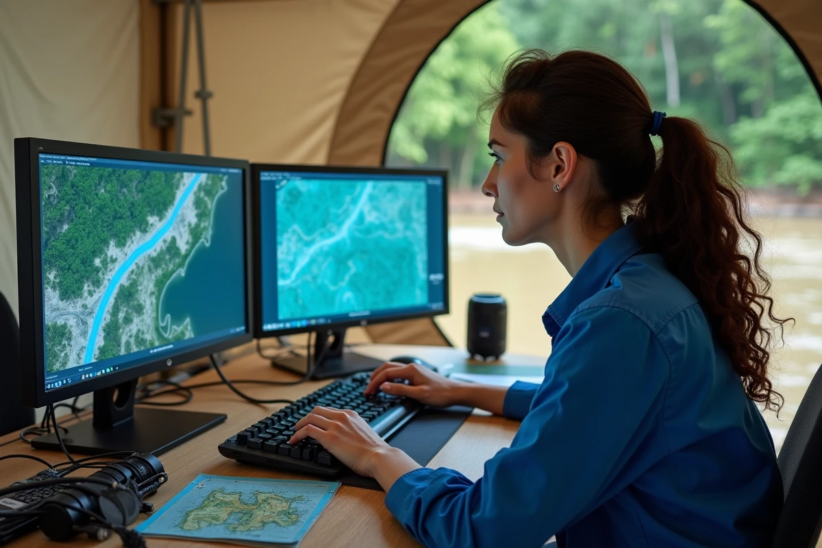 Cartographe féminine analysant des données satellitaires et GPS sur écran pour déterminer le tracé exact du plus long fleuve du monde