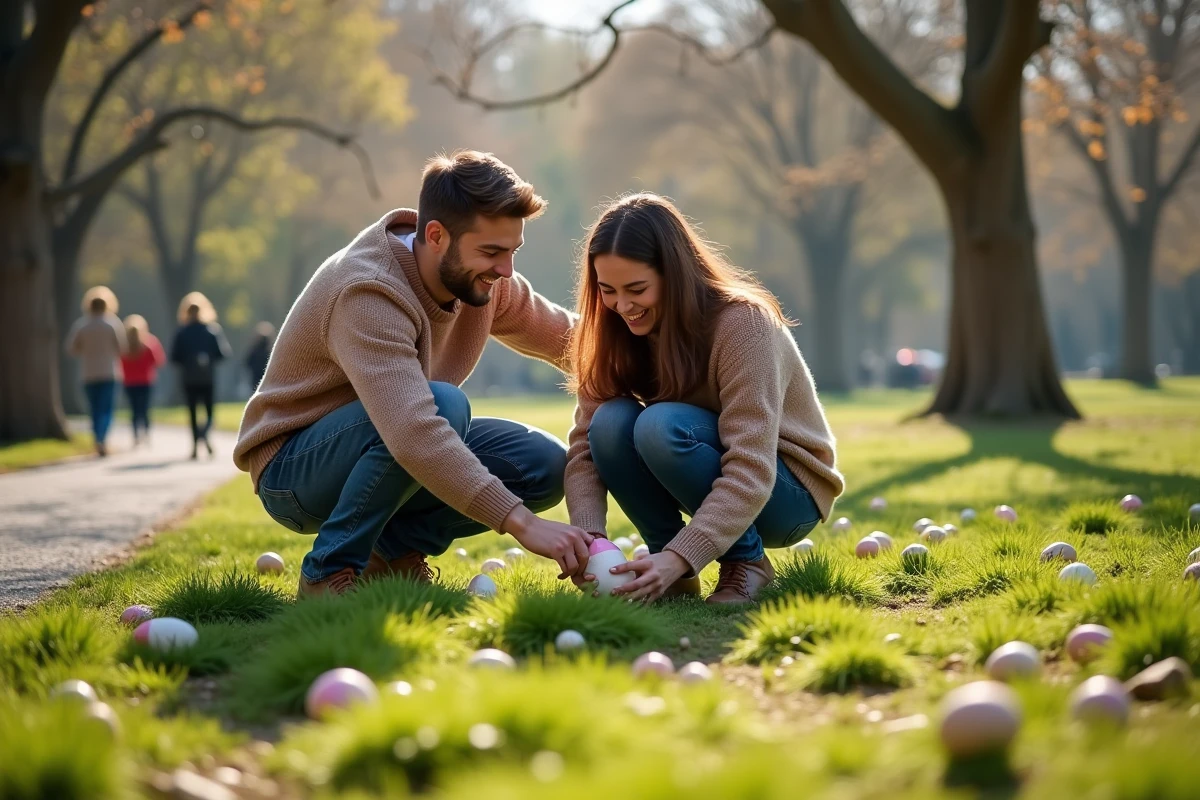 Jeune couple cachant des œufs de Pâques décorés dans l'herbe d'un parc verdoyant lors d'une chasse aux œufs