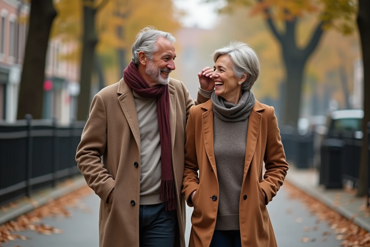 Couple d'une quarantaine d'années se promenant en automne dans une rue pavée, regard complice et geste affectueux évoquant la réinvention de la tendresse dans un couple durable