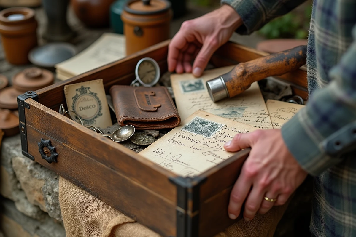 Gros plan sur des objets chinés dans une caisse en bois lors d'une brocante en Aveyron, mains d'un antiquaire triant de vieilles cartes postales et curiosités