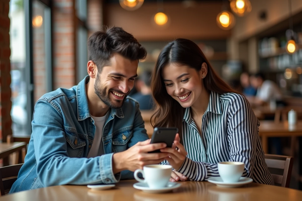 Deux jeunes adultes partageant la lecture d'un manga en version française sur smartphone dans un café urbain moderne