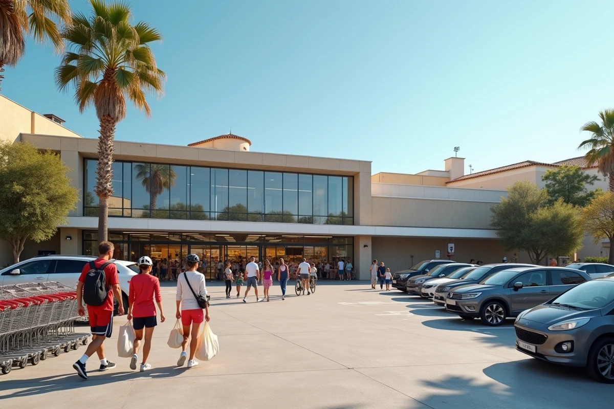 Entrée d'un supermarché ouvert le dimanche à Montpellier avec des familles en tenue sportive dans le parking