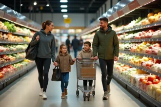 Famille en tenue de sport faisant leurs courses dans un supermarché ouvert le dimanche à Montpellier