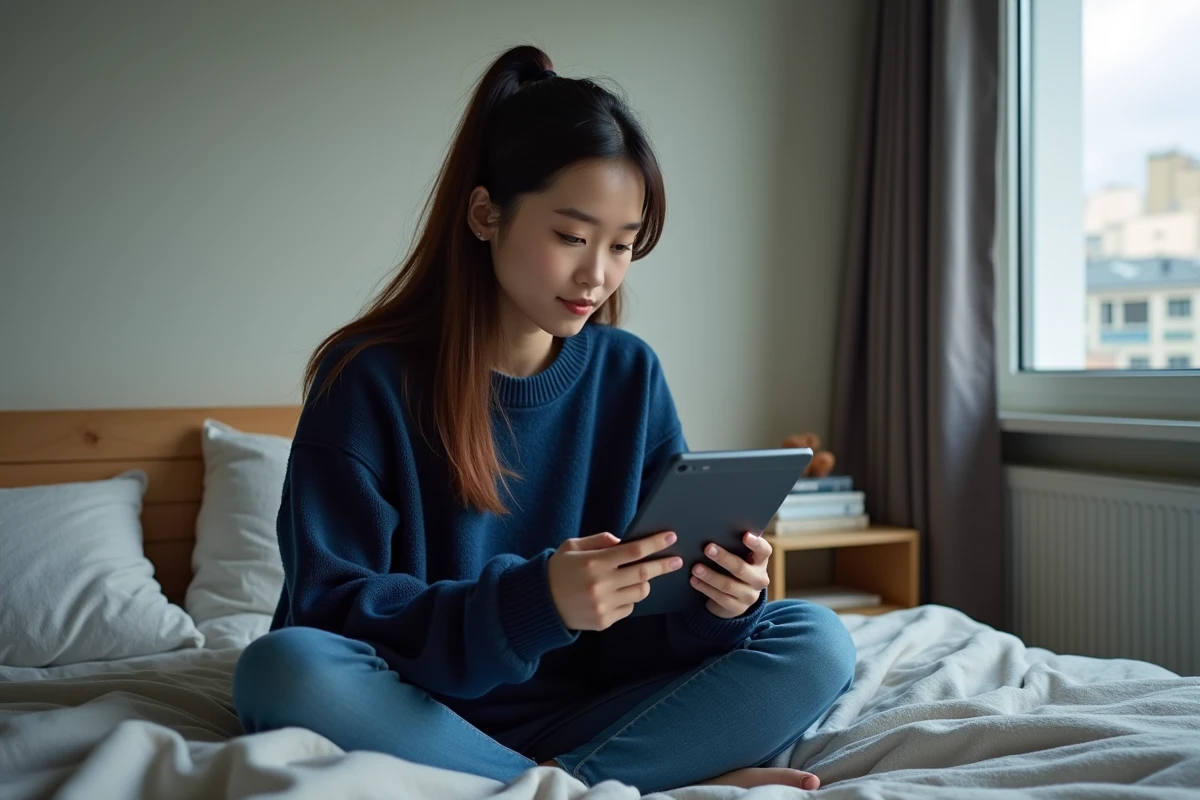 Jeune femme consultant un site de lecture de manga sur tablette dans sa chambre
