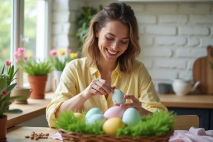 Femme souriante préparant un panier de Pâques coloré avec des œufs pastel dans une cuisine rustique au printemps