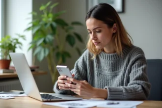 Femme scannant un QR code avec son smartphone dans un bureau à domicile, illustrant les risques de sécurité liés aux scans de codes Crunshy