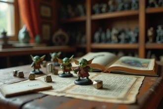Figurines de gobelins fantasy sur une table de jeu de rôle avec dés et fiches de personnages illustrant un univers isekai