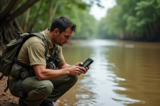 Géographe analysant un GPS sur les rives boueuses d'un grand fleuve tropical pour mesurer son tracé par satellite