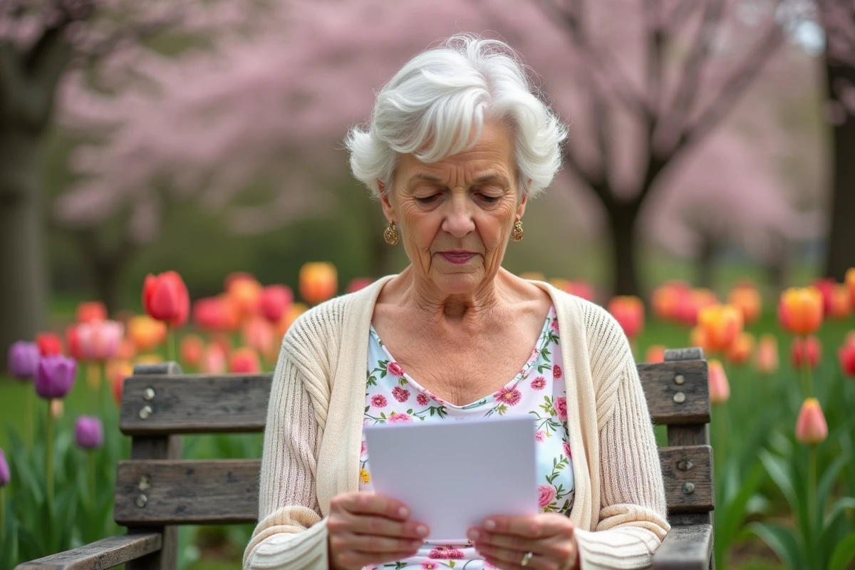 Grand-mère émue lisant une carte de vœux de Pâques dans un jardin fleuri de cerisiers au printemps