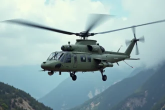 Hélicoptère d'attaque Tigre de l'armée française en vol au-dessus d'un relief montagneux
