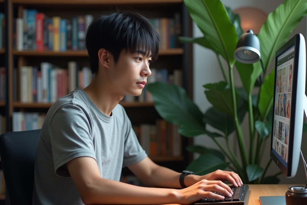 Jeune homme consultant une plateforme de lecture de manga en version originale sur ordinateur dans un bureau à domicile