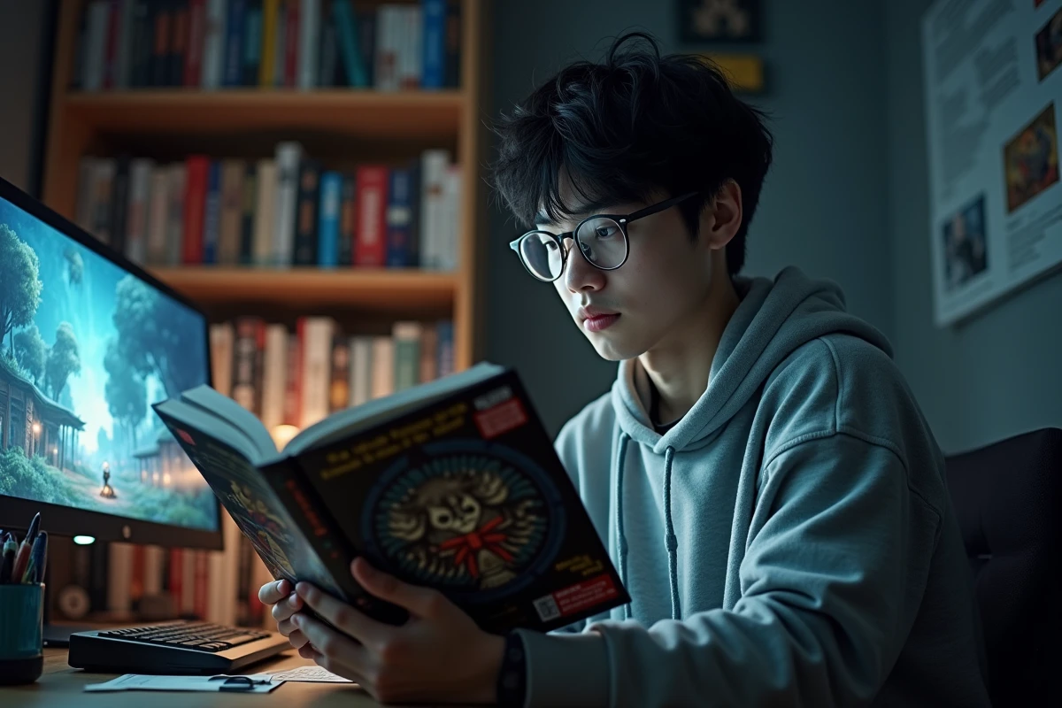 Jeune homme lisant un light novel isekai fantasy dans une chambre entourée de mangas et romans japonais