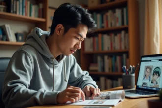 Jeune homme lisant un manga à son bureau avec un site de scan ouvert sur son ordinateur portable