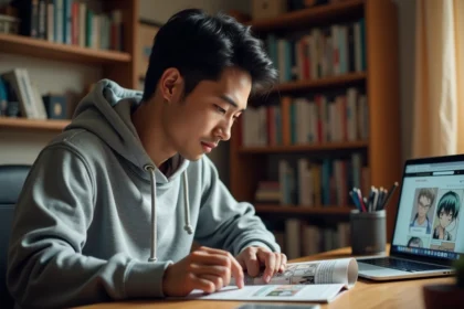 Jeune homme lisant un manga à son bureau avec un site de scan ouvert sur son ordinateur portable