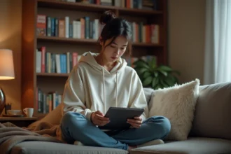 Jeune femme lisant un manga en version française sur une tablette numérique dans un appartement cosy, illustrant la lecture légale de manga en ligne