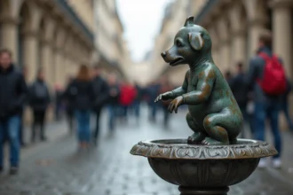 La célèbre statue du Manneken Pis à Bruxelles sur son piédestal en pierre, entourée de touristes dans la vieille ville