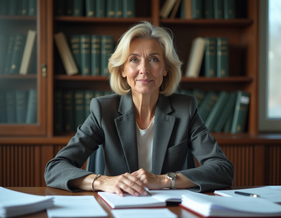 Portrait d'une femme politique assise à un bureau avec des dossiers officiels, illustrant la chronologie de l'affaire Chauffroy et les enjeux politiques au sein du RN